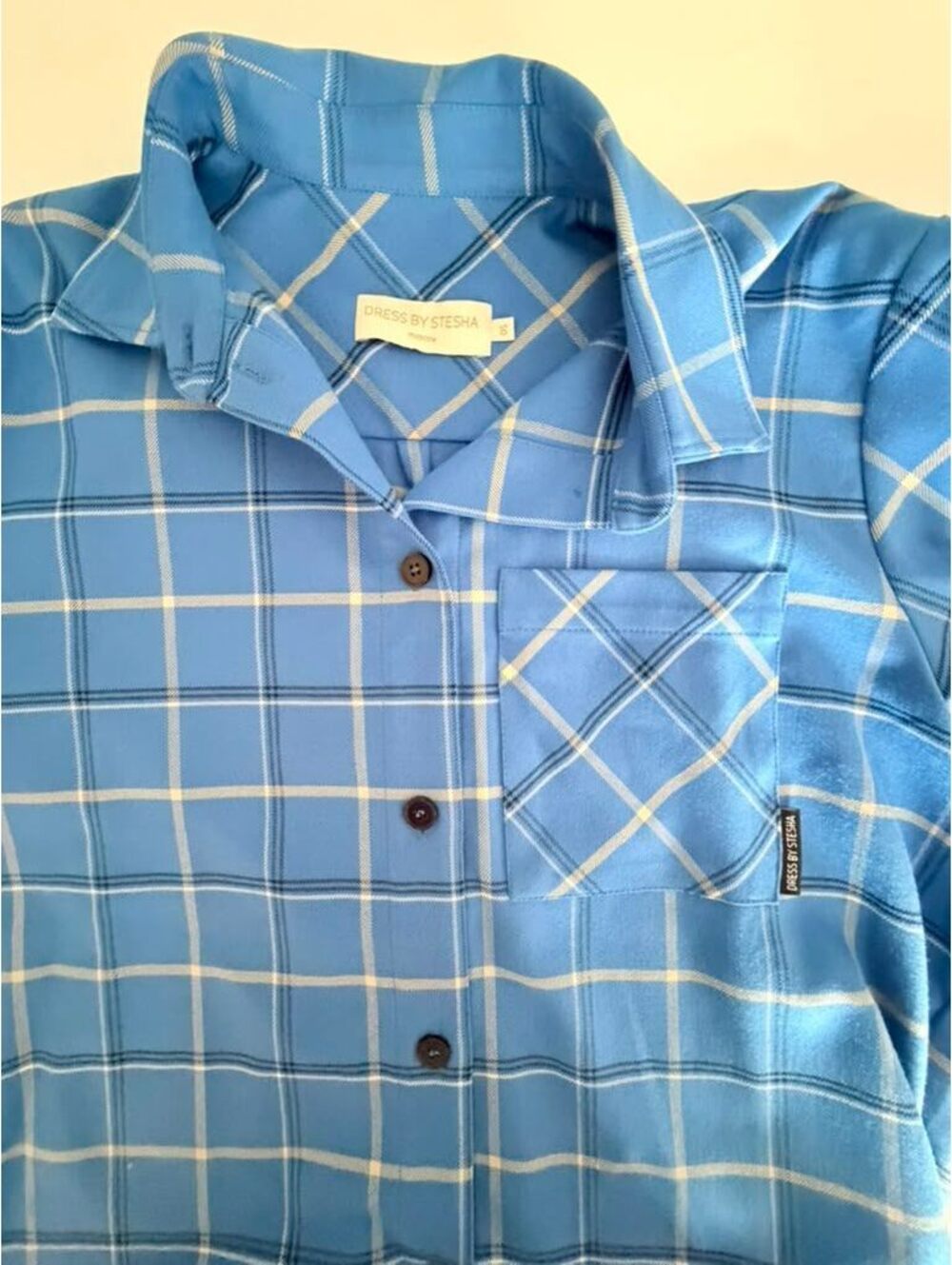 Dress by Stesha Moscow Designer Blue Plaid Oversized Button Down Shirt Size S-M - Picture 8 of 15
